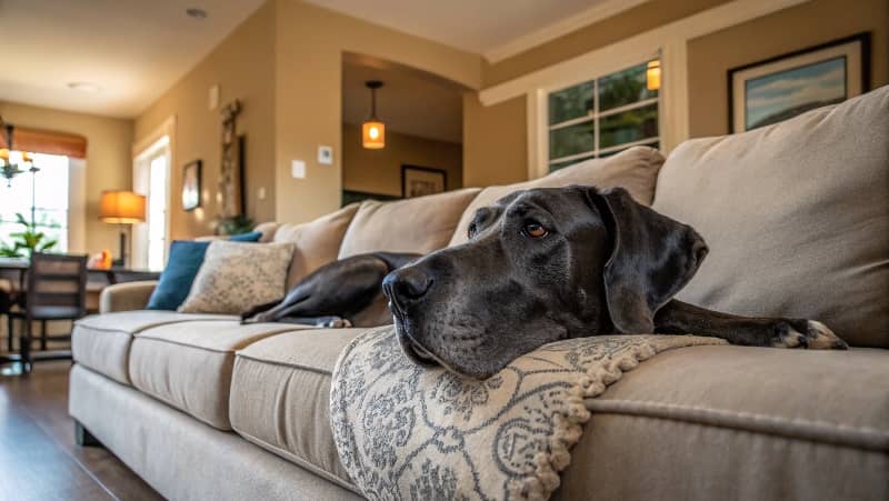 fotografía hecha con IA de un gran danes tumbado en el sofá de casa