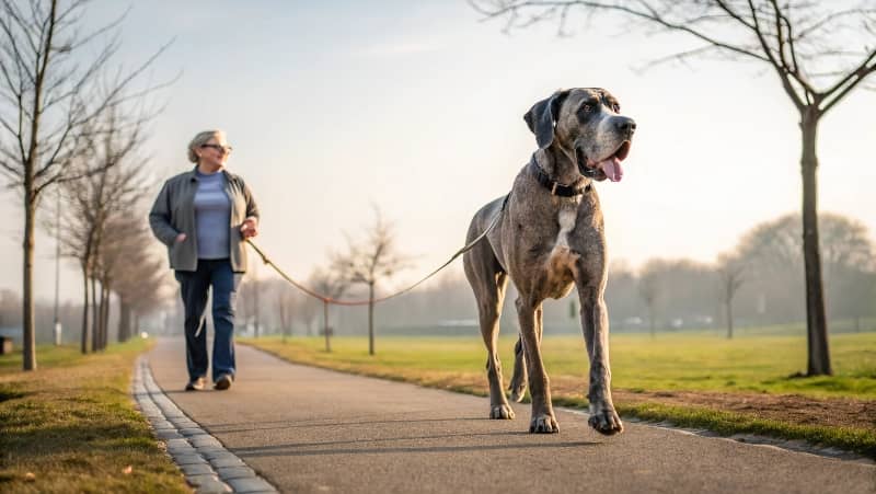 fotograf-a-de-un-perro-gran-dan-s-paseando-por-el- (1) (1) fotografía hecha con IA de un perro gran danes paseando con su dueño por el parque