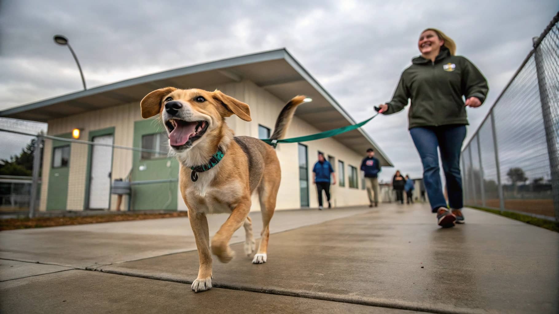 fotografía generada con IA de un perro saliendo de un albergue con su nueva dueña