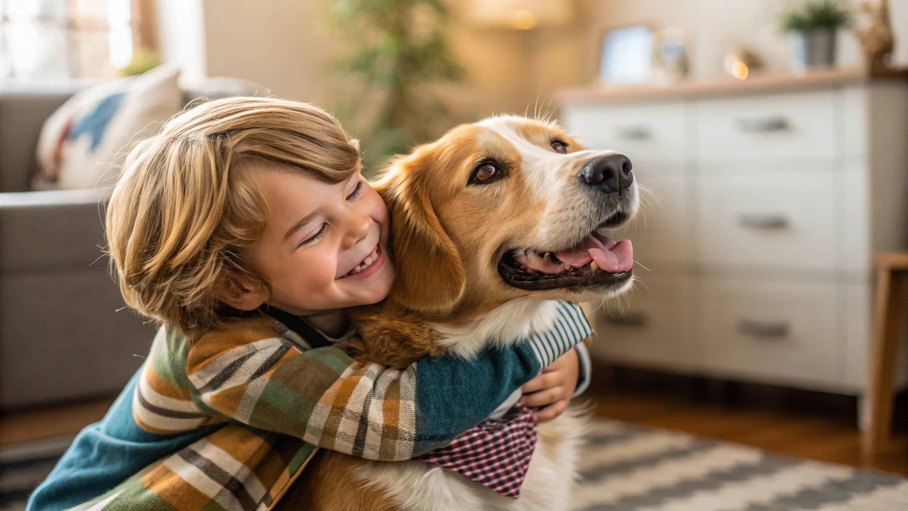 fotografía generada con IA de un perro siendo abrazado por un niño rubio fotografía generada con IA de un perro siendo abrazado por un niño rubio