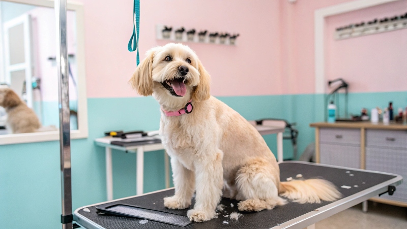 Fotografía generada con IA de un perro en la peluqueria canina