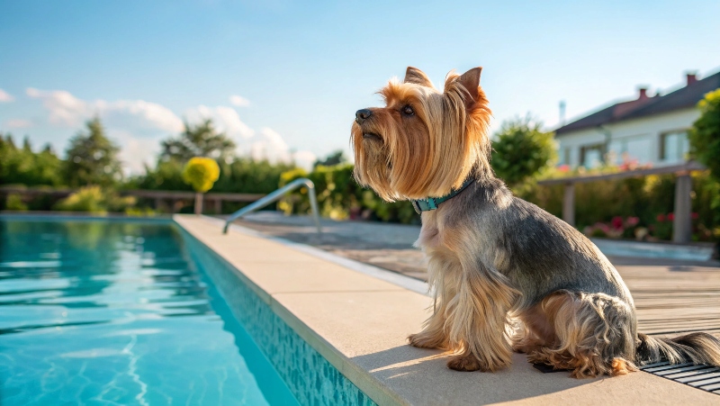 fotograf-a-de-un-perro-yorkshire-reci-n-cortado-el fotografia de un perro con el pelo cortado al lado de una piscina. Imagen generada con IA para hablar sobre si es bueno cortar el pelo a un perro en verano