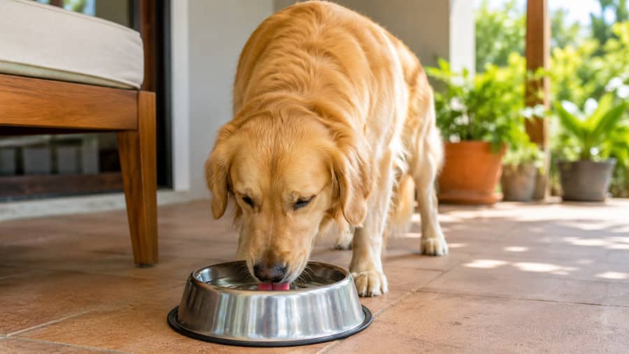 Perro bebiendo agua para evitar un golpe de calor