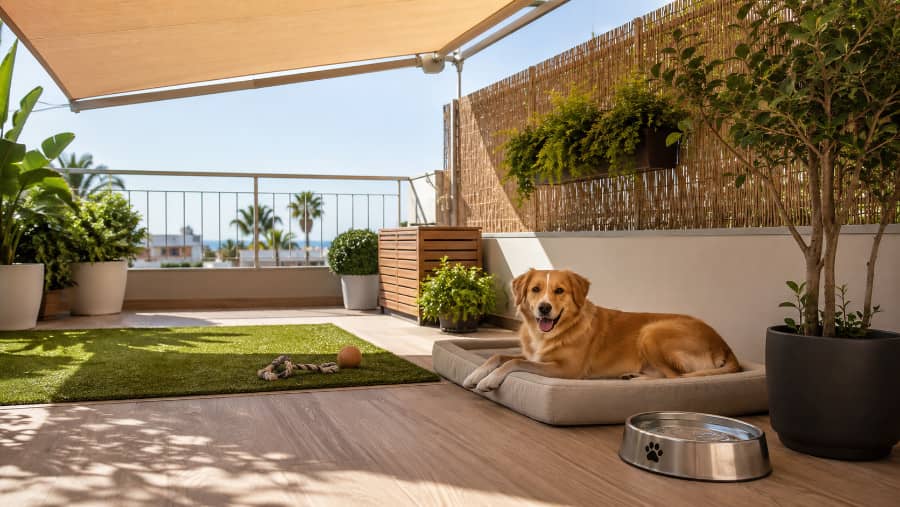 Terraza segura para perros con sombra y agua disponible